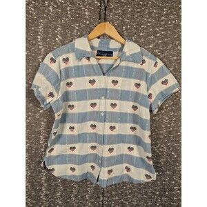 Angelique Short‎ Sleeve Button Up Shirt American Flag Hearts 4th Of July